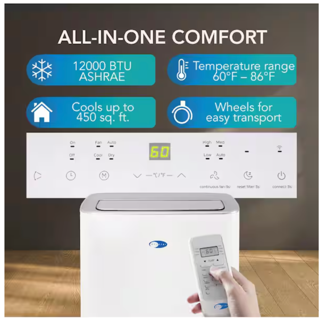 Whynter 12,000 BTU Portable Air Conditioner Cools 450 sq. ft. with Dehumidifier, Remote, and Filter ARC-0850XP
